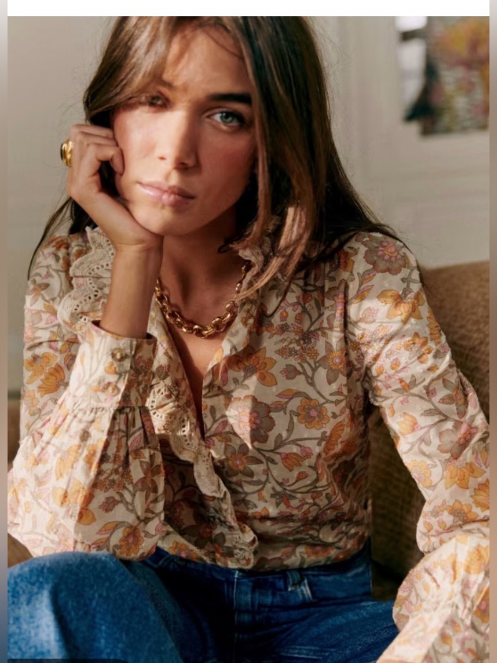 Sezane Chlo ecru floral Swiss dot cotton women’s blouse top button shirt 36 4 s